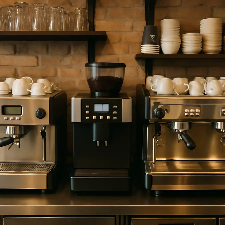 A variety of commercial coffee machines in a cafe setting