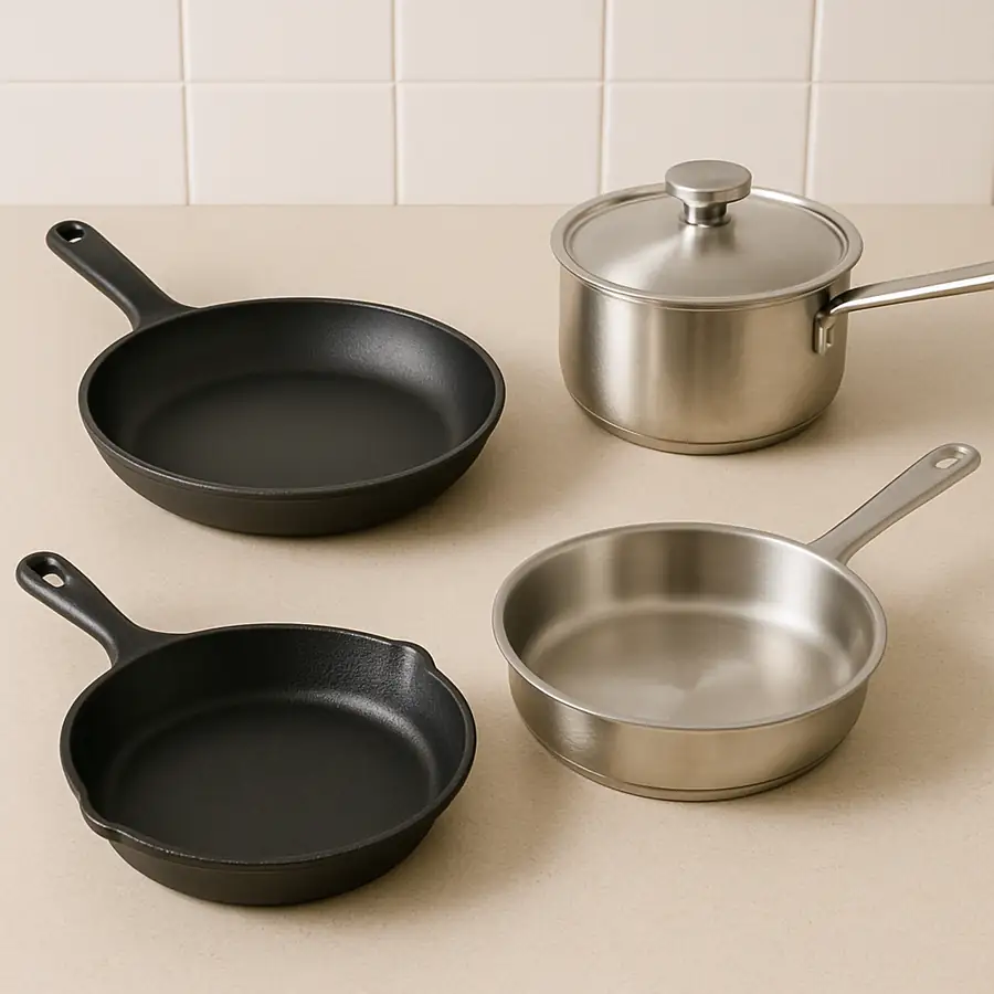A simple, clean image showing the four essential pans from the list arranged neatly on a countertop