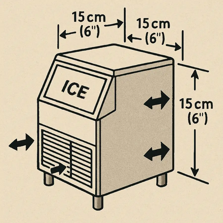 An illustration of an ice machine showing the required 'breathing room' (clearance) around its vents for proper airflow.