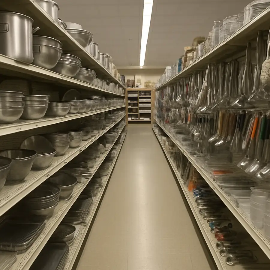 Aisle of a large commercial restaurant supply store showing various kitchen tools