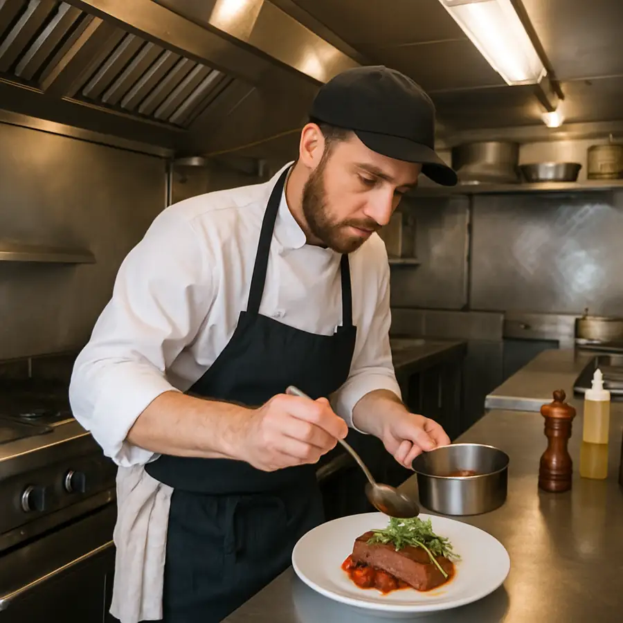 A chef preparing a gourmet meal inside a stainless steel food truck kitchen