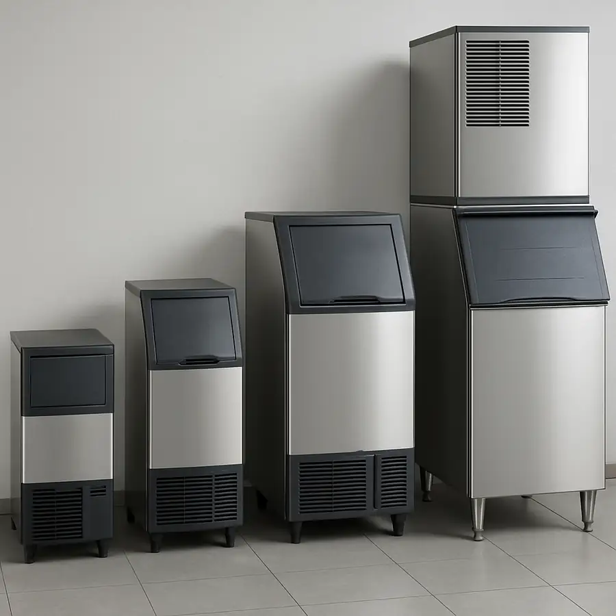 Various types of commercial ice makers arranged by size