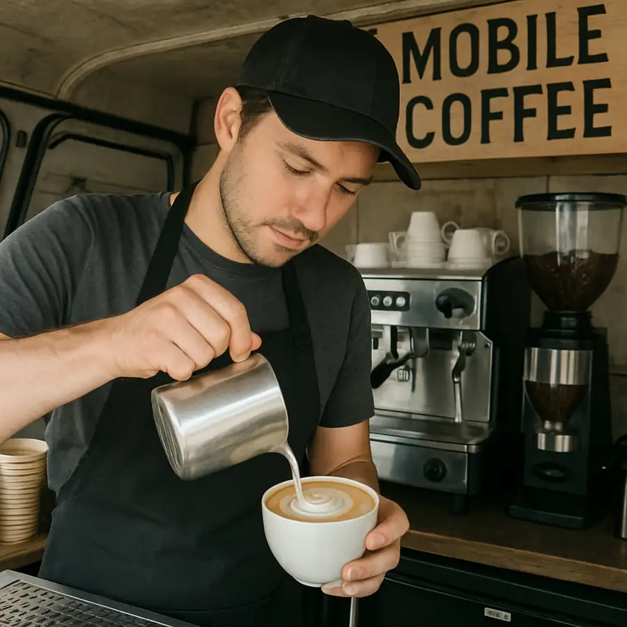Barista expertly pouring latte art inside a mobile coffee setup in ENGLISH