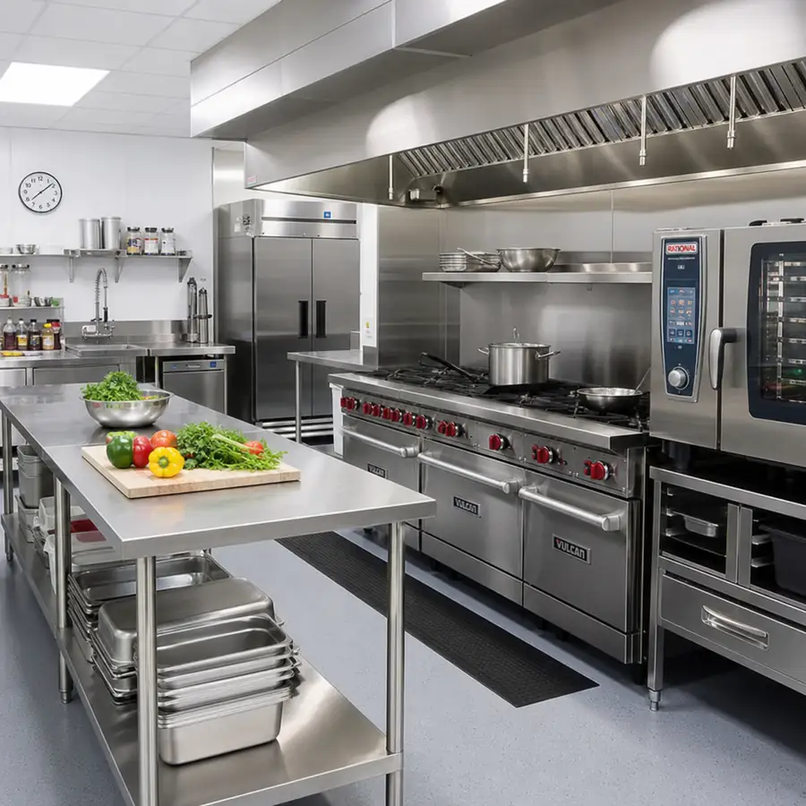 A brightly lit, modern commercial kitchen featuring pristine stainless steel ranges, ovens, and prep tables