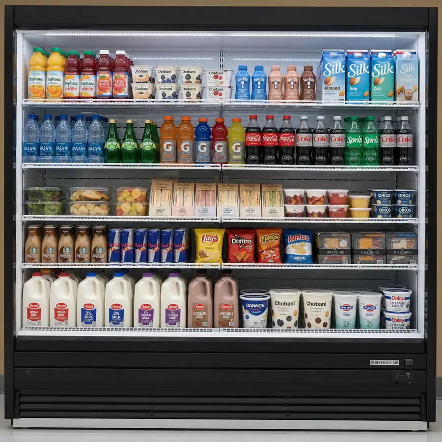 An open commercial refrigerator showing brightly lit LED interior and fully stocked wire shelves in English
