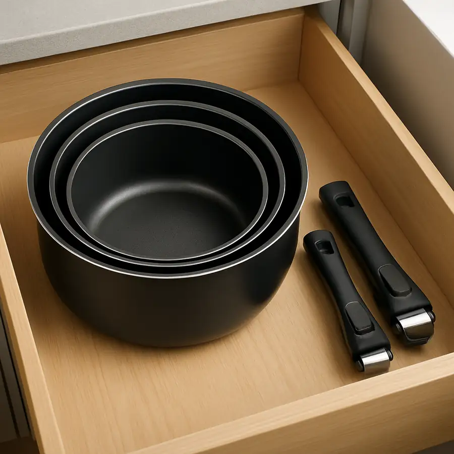 A high-quality nesting cookware set with detachable handles neatly stacked in a kitchen drawer