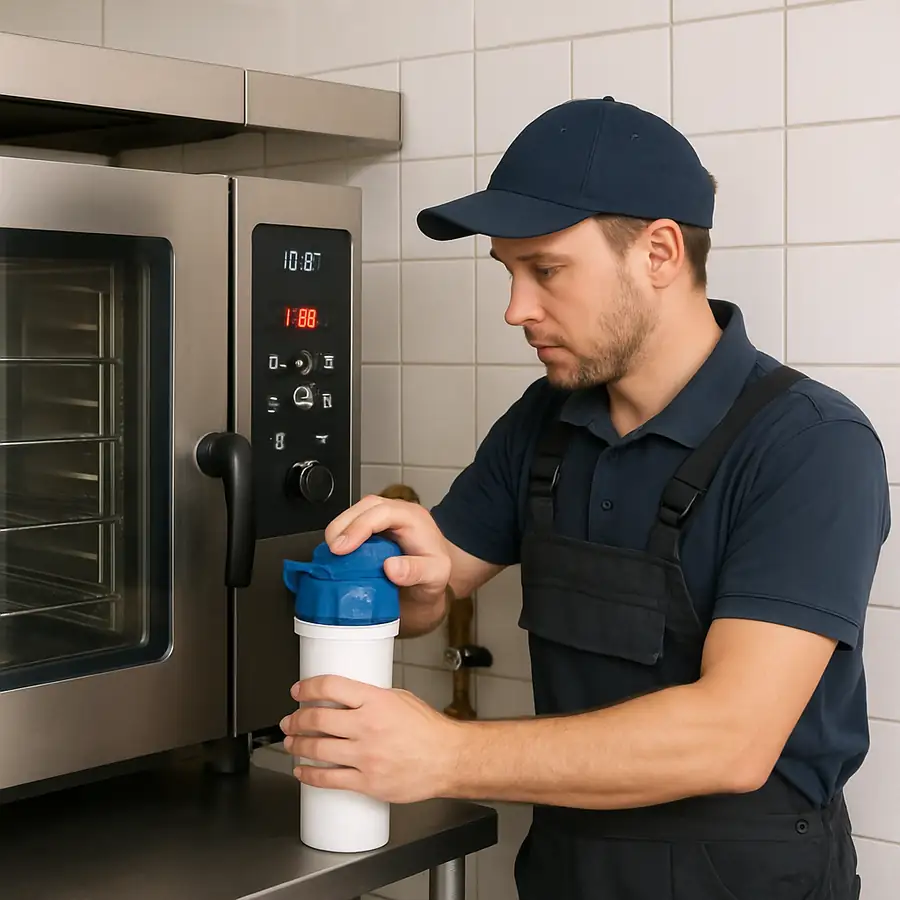 A kitchen technician performing routine maintenance and checking the water filter system on a combi oven