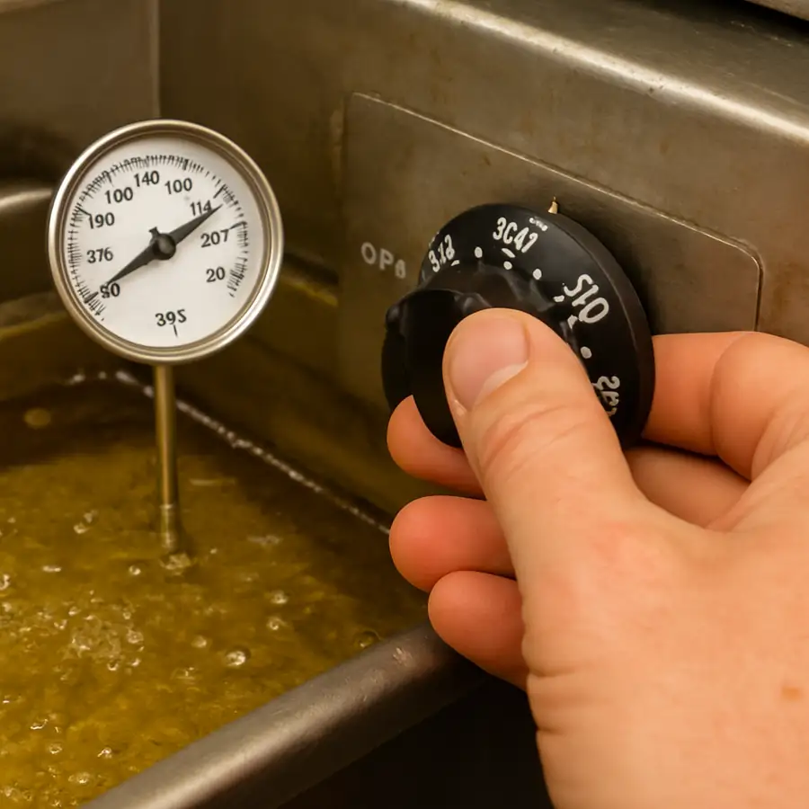 Close-up of a hand adjusting a commercial fryer thermostat dial with a thermometer in the oil.