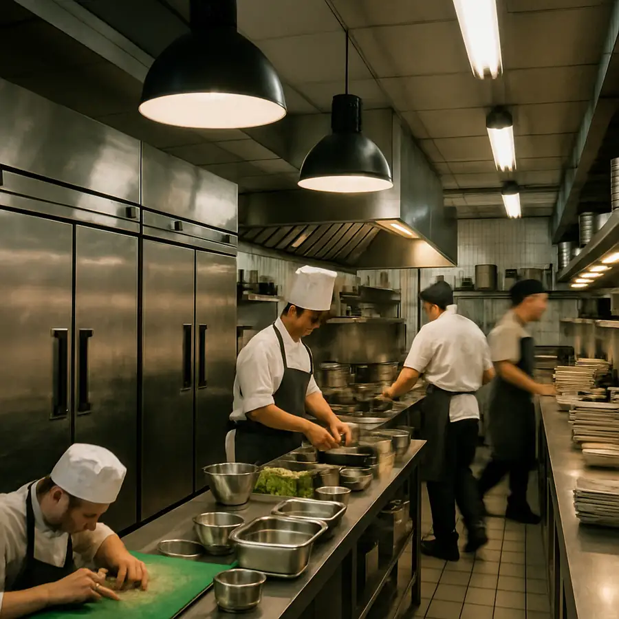 A bustling, modern commercial kitchen with gleaming stainless steel refrigerators