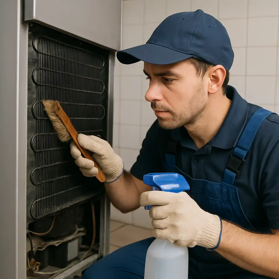 Maintenance worker carefully cleaning the condenser coils of a commercial refrigerator