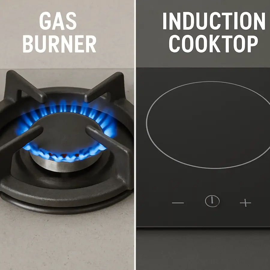 A side-by-side comparison photo of a traditional gas burner and a modern induction cooktop, highlighting the sleek, easy-to-clean surface of induction.