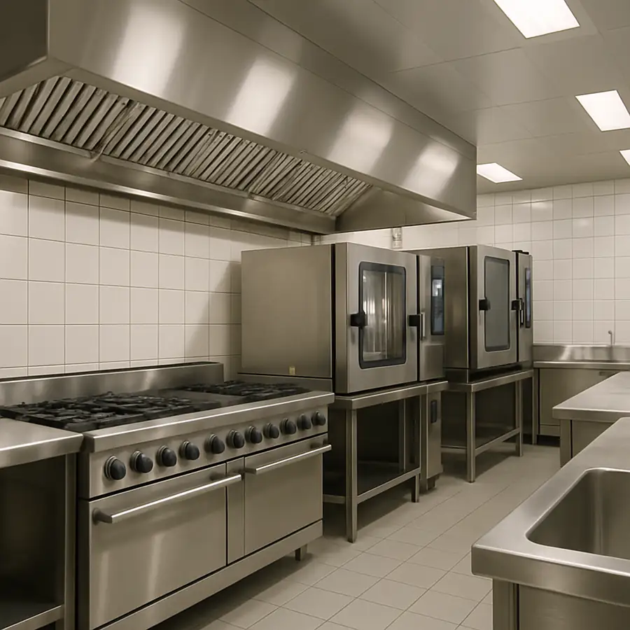 A gleaming commercial kitchen featuring high-end ranges, combi-ovens, and stainless steel surfaces