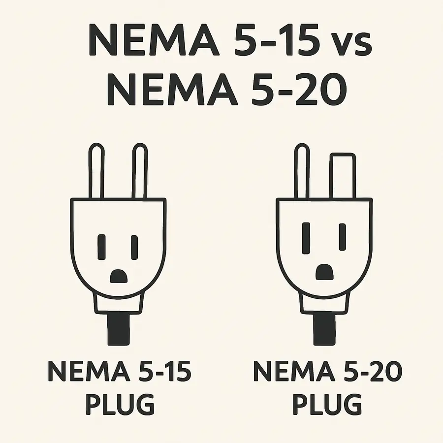 A diagram of a NEMA 5-15 vs NEMA 5-20 plug to help homeowners identify their wall outlets.
