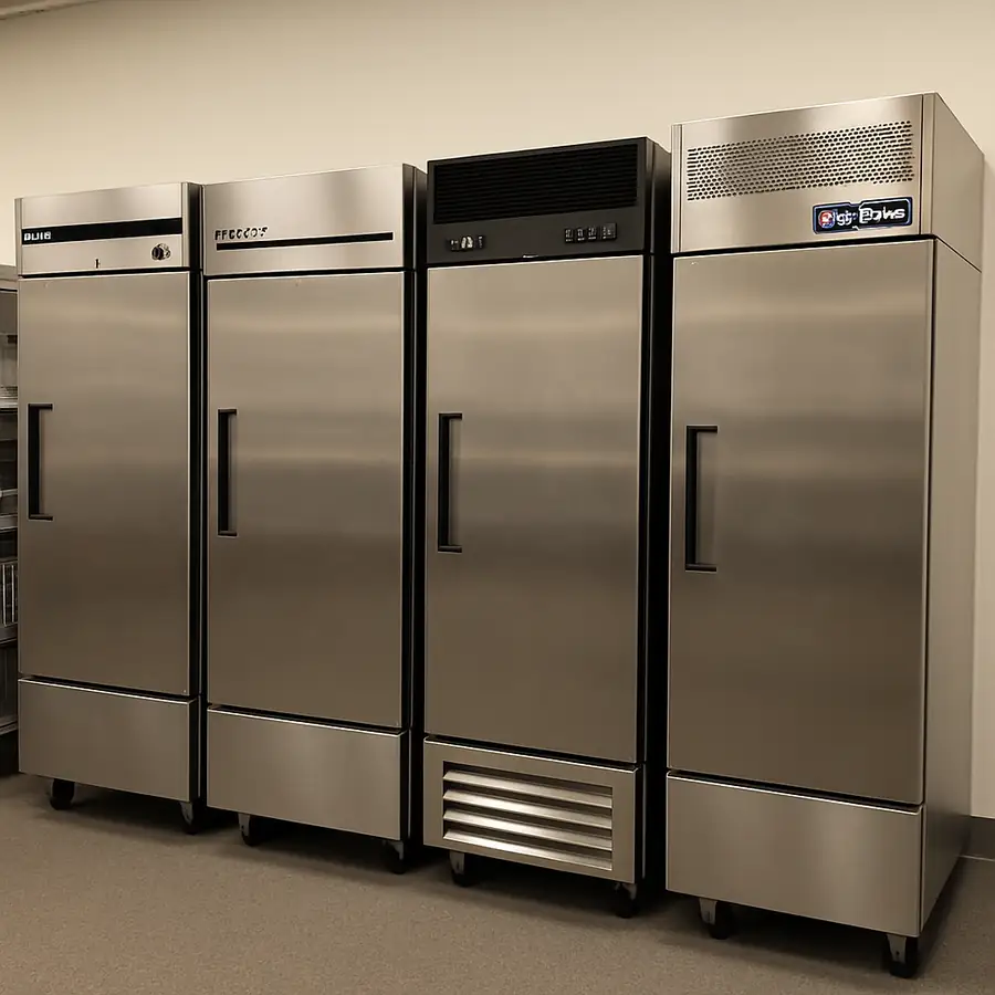 A row of high-quality stainless steel commercial refrigerators from top brands lined up in a restaurant supply showroom