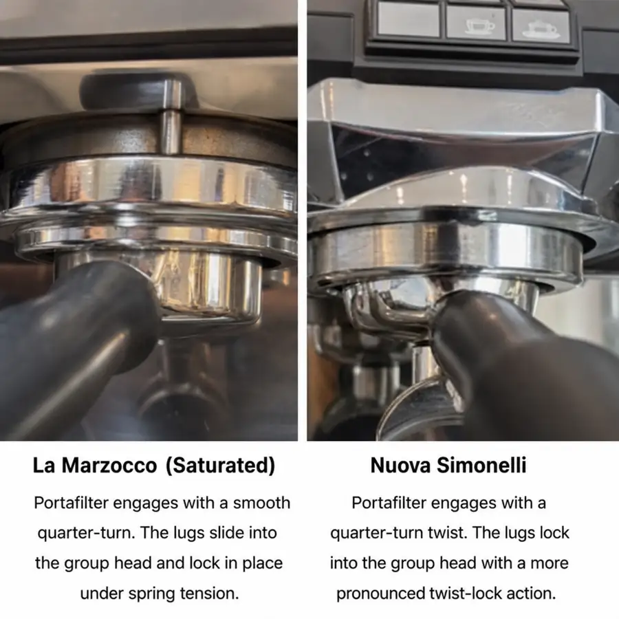 Close up comparison of a La Marzocco saturated group head and a Nuova Simonelli portafilter engaging