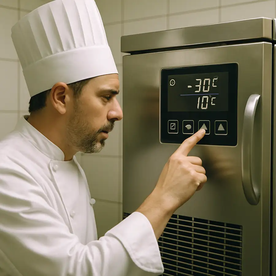 Chef inspecting a blast chiller digital control panel ensuring optimal temperature pull down