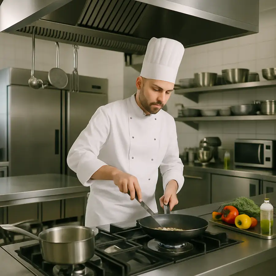 Chef cooking in a well-equipped modern commercial stainless steel kitchen