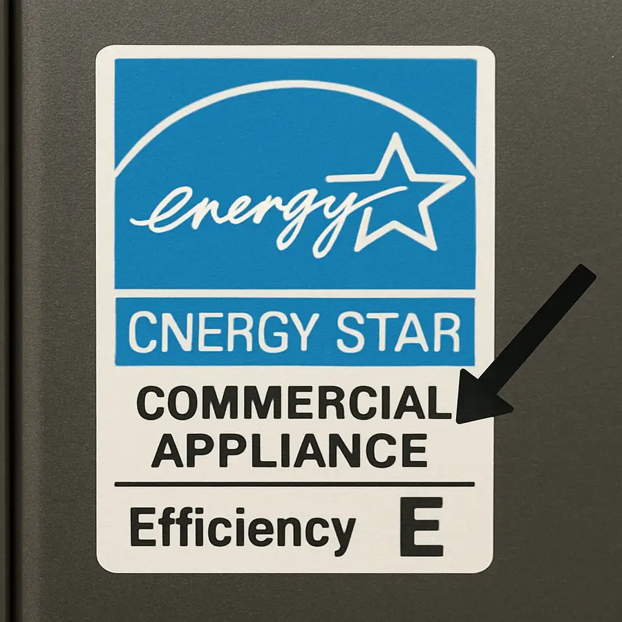 A close-up of an Energy Star label on a commercial appliance with a simple arrow pointing to the efficiency rating.