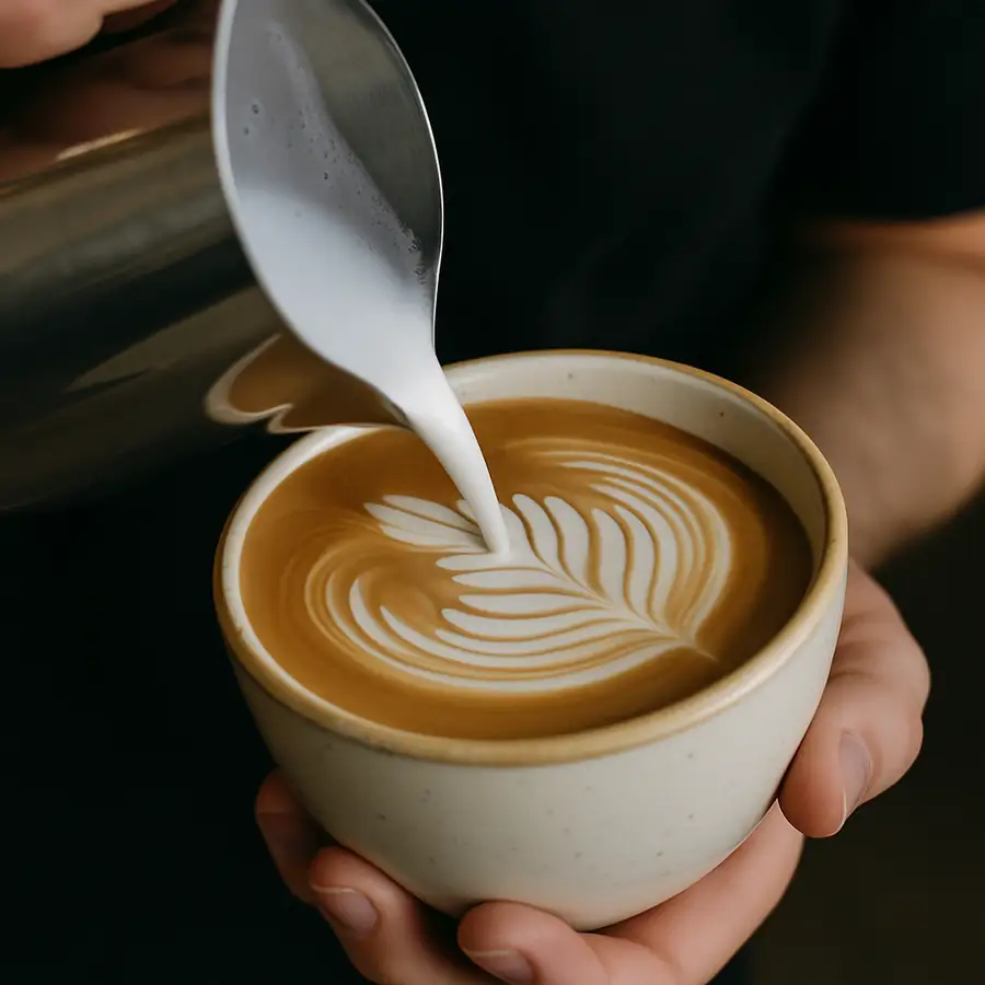A close up view of a barista skillfully pouring perfectly steamed glossy microfoam milk to create a rosetta latte art design in a ceramic cup