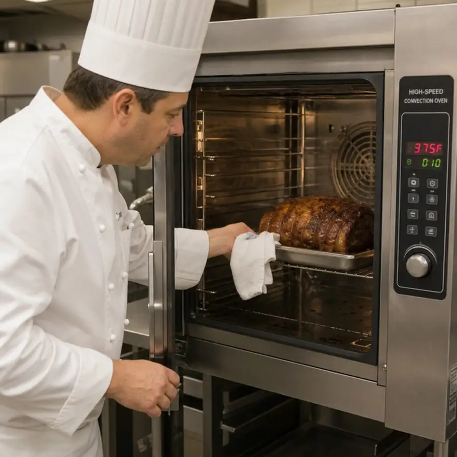 A chef wearing a white coat checking on a roast inside a high-speed commercial convection oven