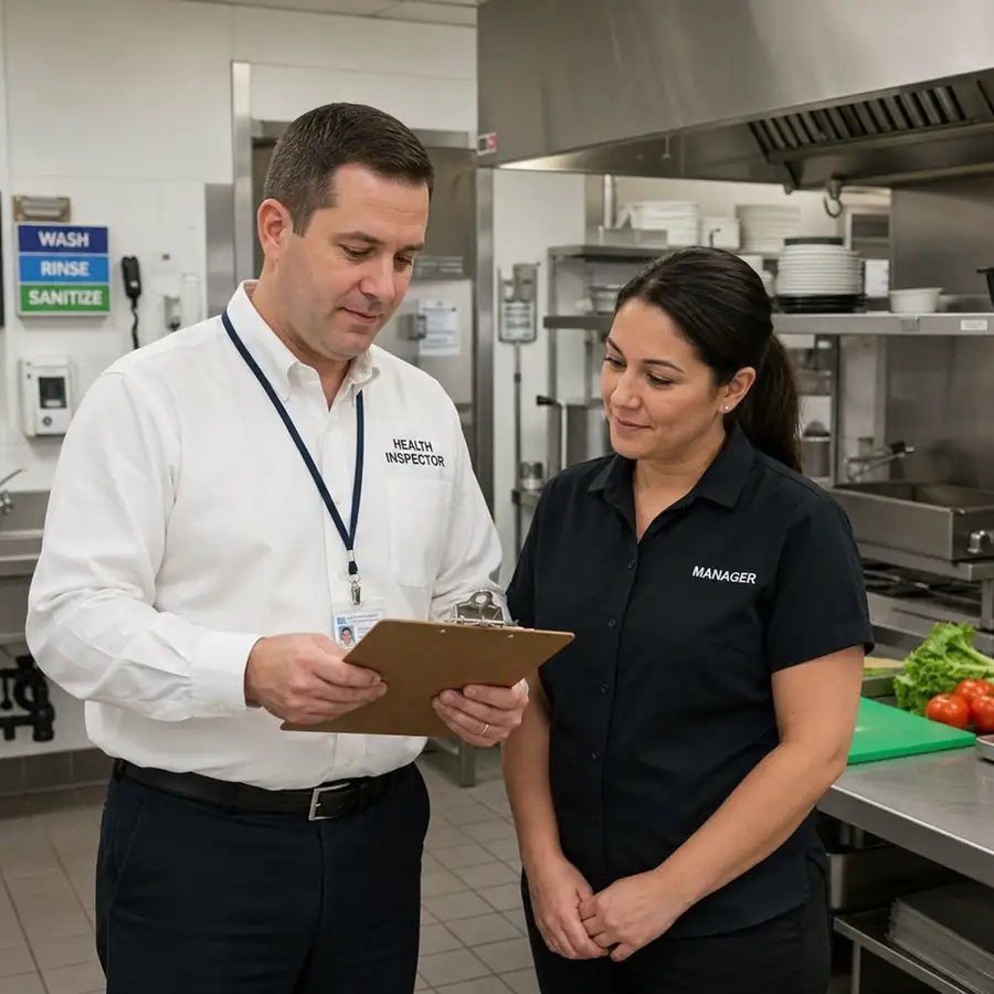 A health inspector reviewing a clipboard with a restaurant manager in a clean commercial kitchen