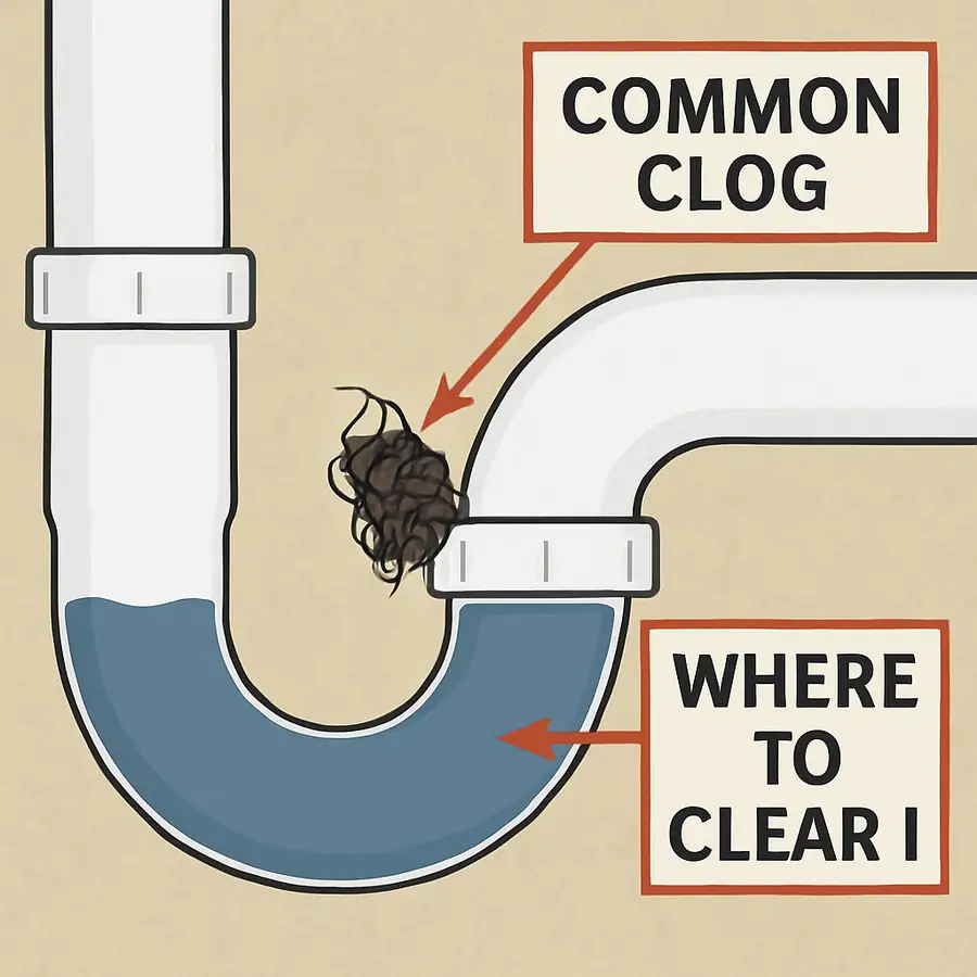 Close-up of a drain line trap showing a common clog and where to clear it.