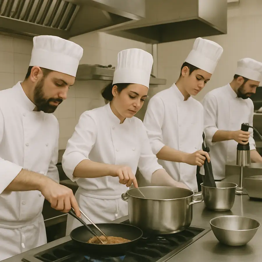 Restaurant chefs using different kitchen equipment
