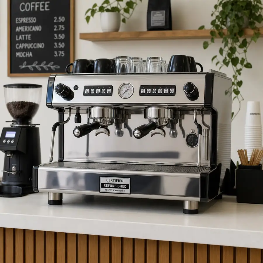A gleaming, certified refurbished commercial espresso machine sitting on a clean cafe counter