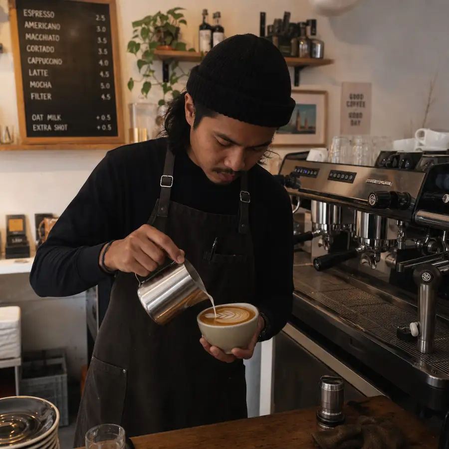 A barista pouring latte art using a high-end commercial espresso machine in a cozy small café