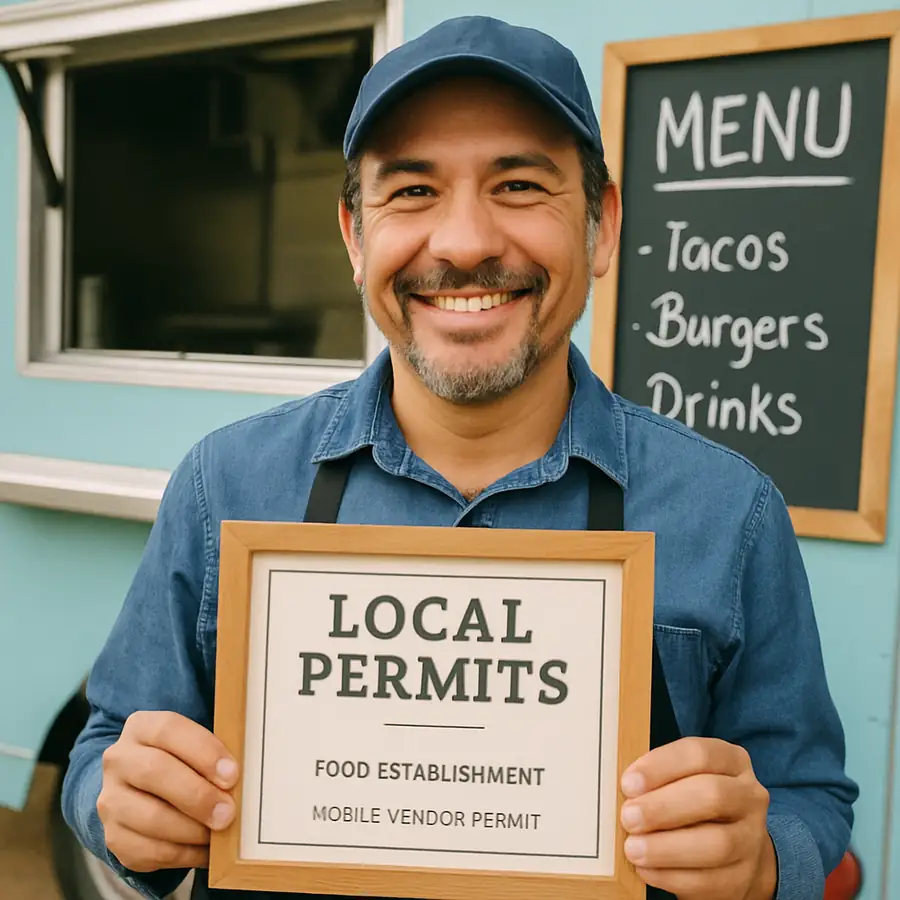 A food truck owner proudly displaying their newly acquired local operating permits