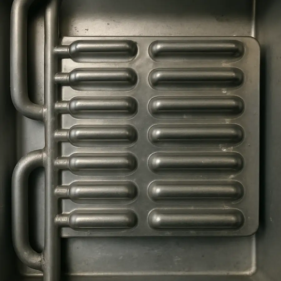Close-up of a stainless steel evaporator plate inside an ice maker