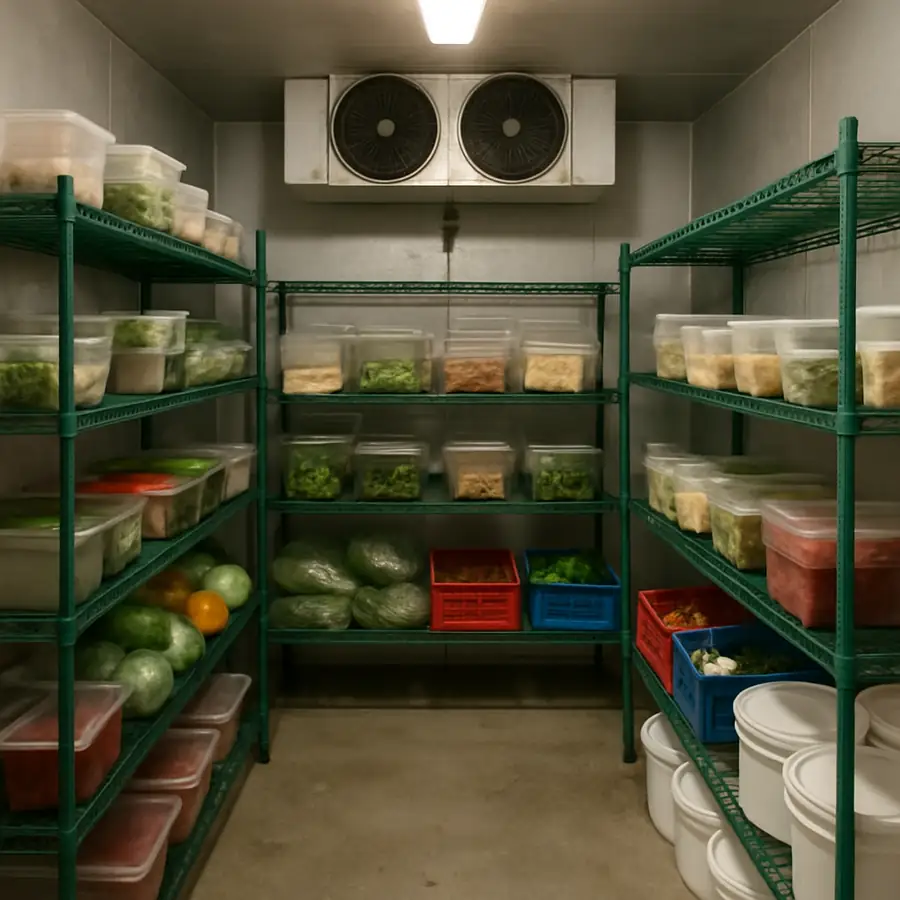 An organized walk-in fridge used in a restaurant