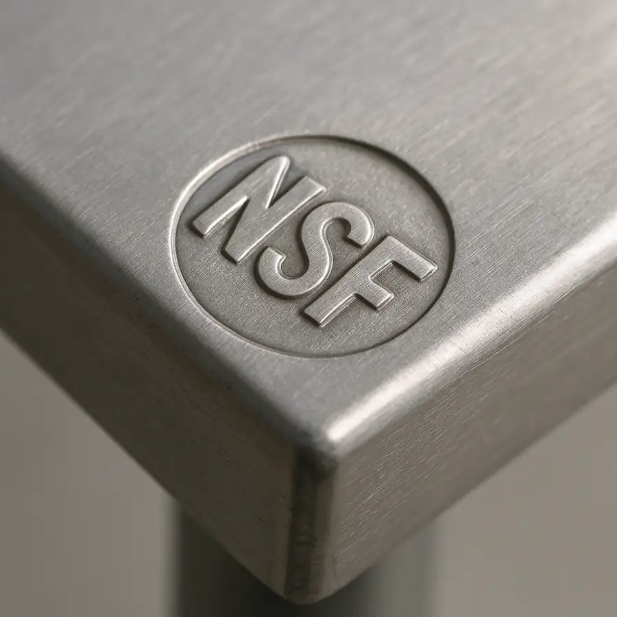A close-up of an NSF certification mark stamped into the corner of a stainless steel table.