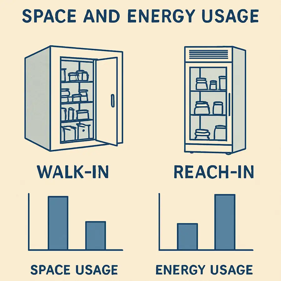 Diagram comparing space and energy usage between walk-in and reach-in refrigerators
