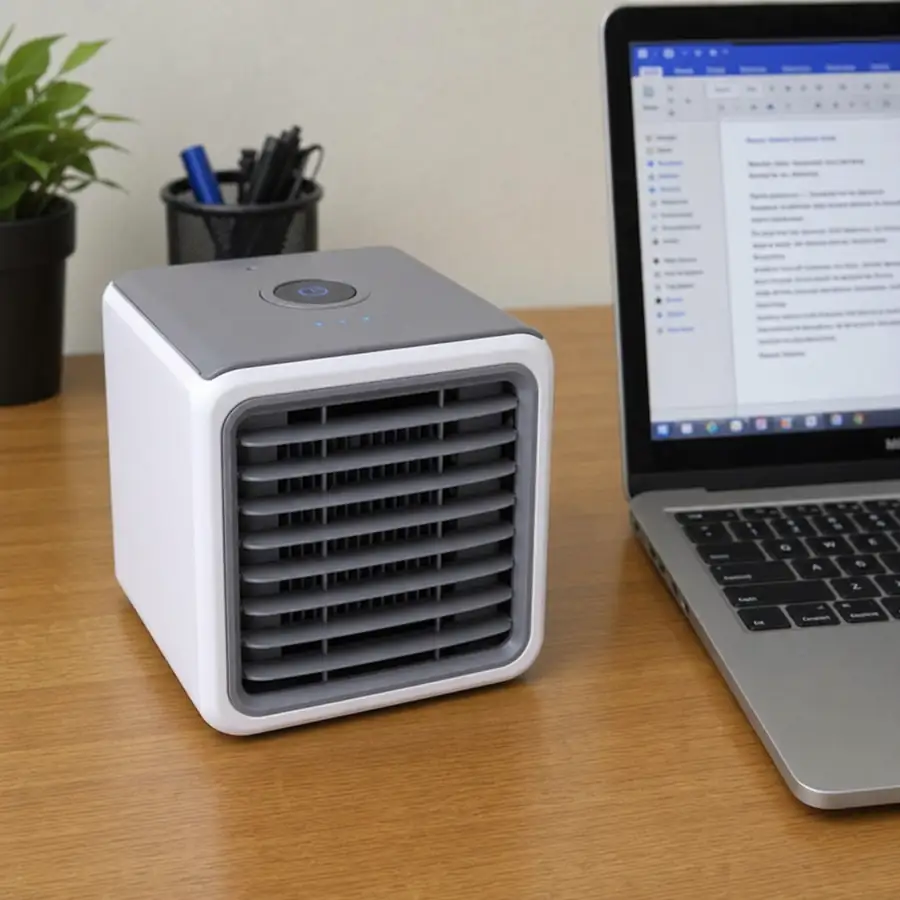 A compact personal desktop cooler sitting on a wooden office desk next to a laptop