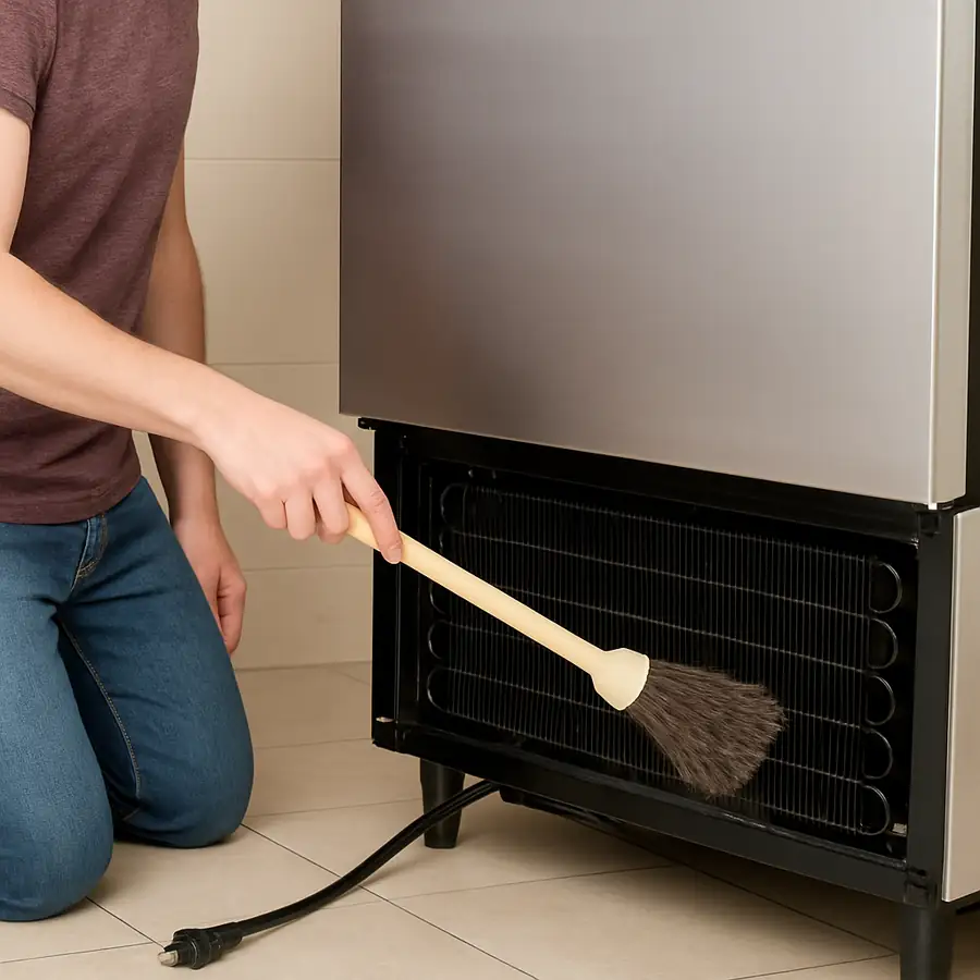 A clear photo showing a person using a long-bristled brush to gently clean dust from the coils on the bottom front of a commercial reach-in refrigerator. The unit is clearly unplugged