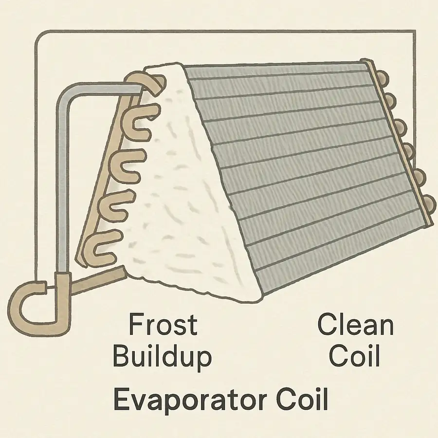 A simplified view of an evaporator coil with frost buildup on one side and a clean coil on the other.