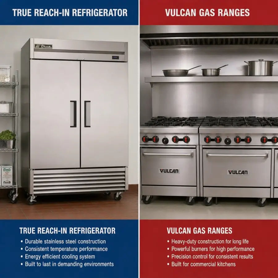 Side-by-side comparison showing a durable True reach-in refrigerator next to heavy-duty Vulcan gas ranges