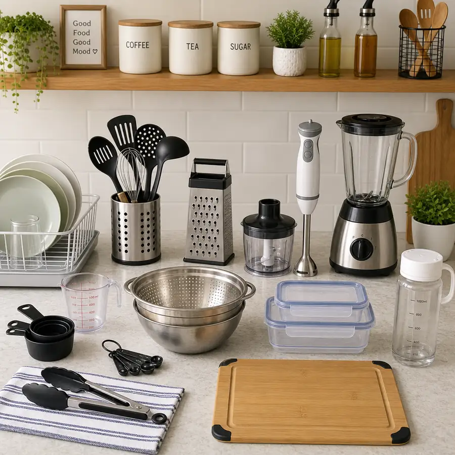 A bright, well-organized kitchen counter showcasing various essential kitchen smallware neatly arranged