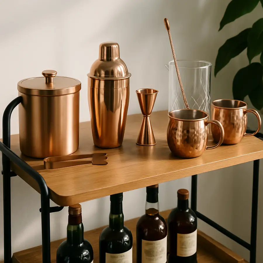 A beautiful home bar setup featuring a copper barware set on a wooden portable bar cart