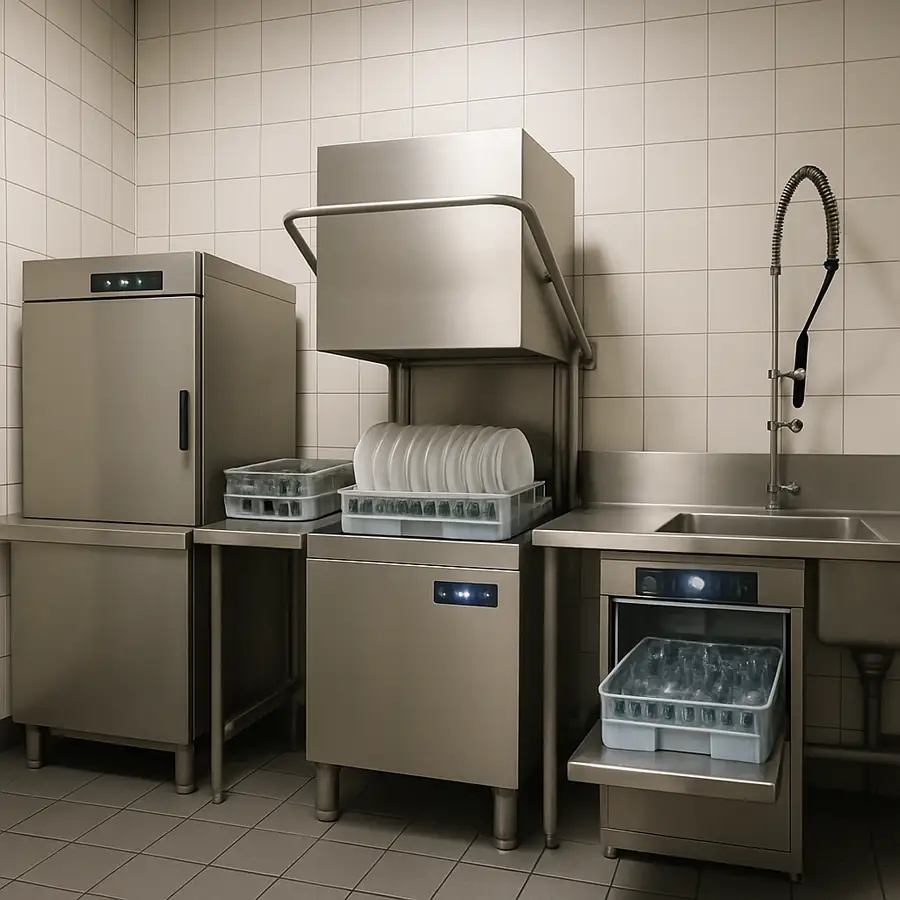 A variety of commercial dishwashers in a restaurant kitchen
