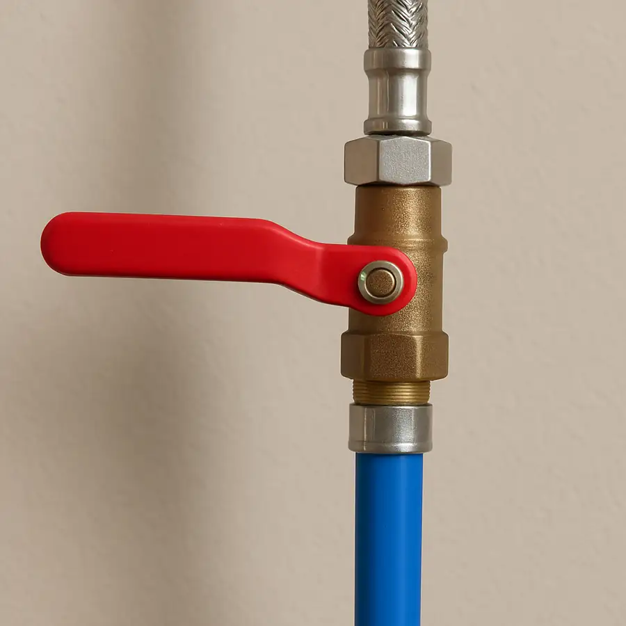 A commercial ice machine water inlet valve in the open position.