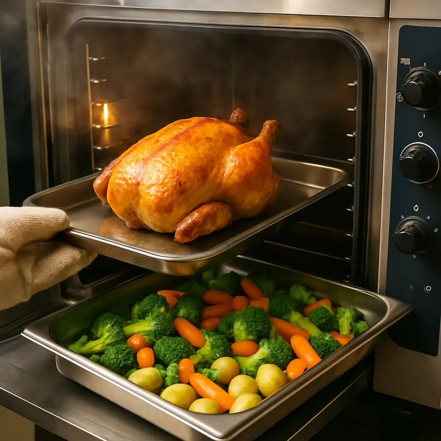 Perfectly cooked dishes including golden roast chicken and vibrant steamed vegetables coming out of a combi oven