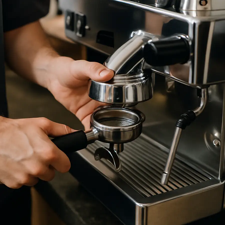 A barista locking a commercial grade 58 millimeter bottomless portafilter into a high-end espresso machine