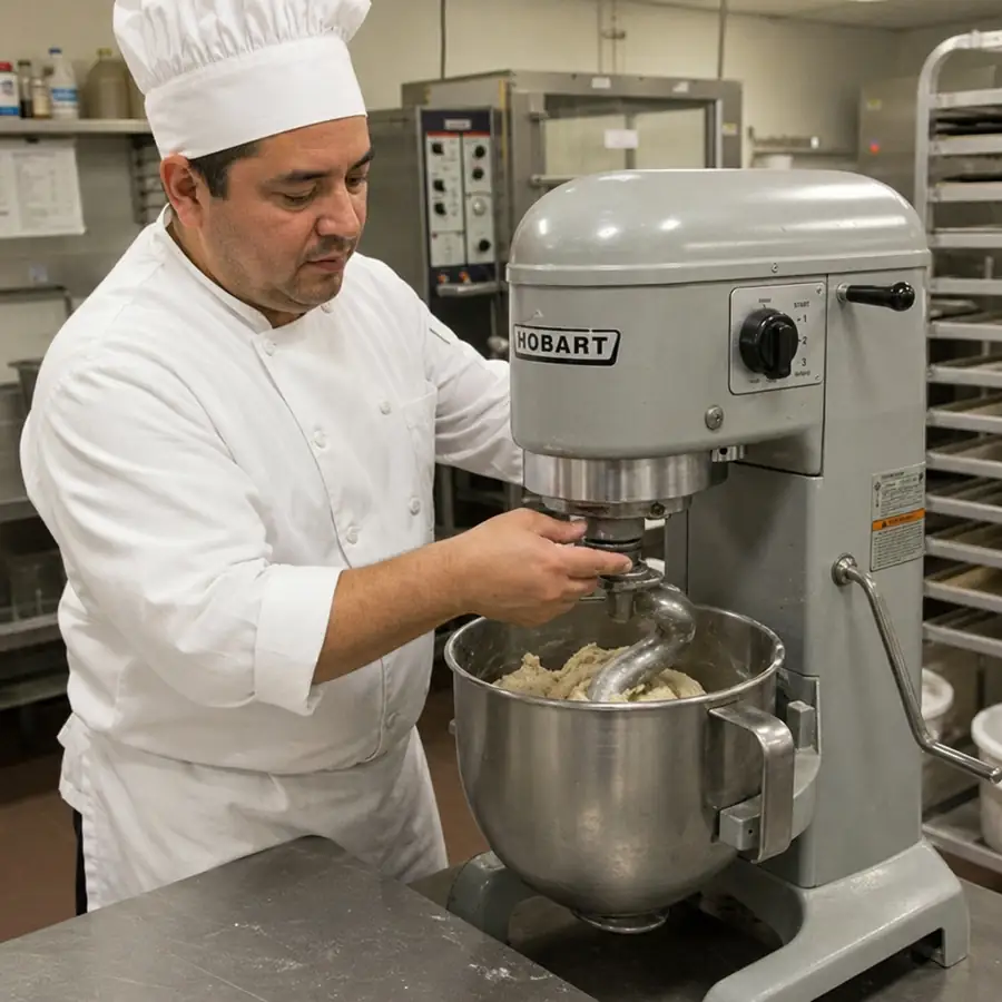 A chef using a Hobart stand mixer for dough preparation