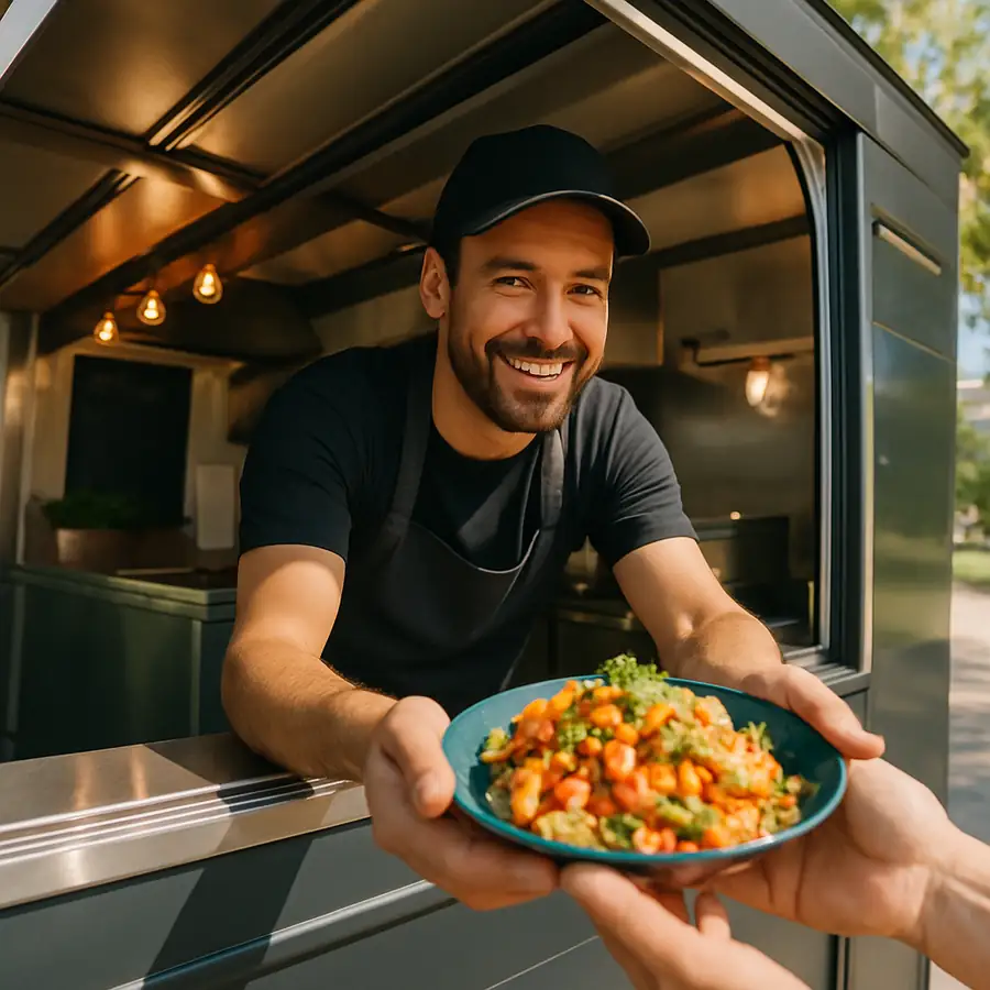 A vibrant, close-up photo of a modern food truck serving window with a smiling chef handing a colorful plate of food to a customer in a sunlit urban park.