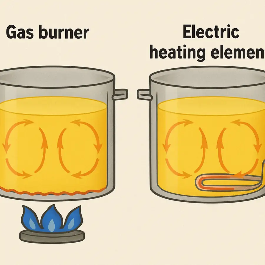A side-by-side illustration showing a gas burner heating the bottom of a vat versus an electric heating element sitting directly inside the oil.
