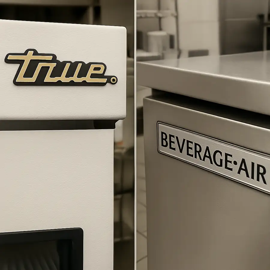 A split-screen image showing the classic True logo on a reach-in cooler and the Beverage-Air logo on a prep table in a kitchen setting.