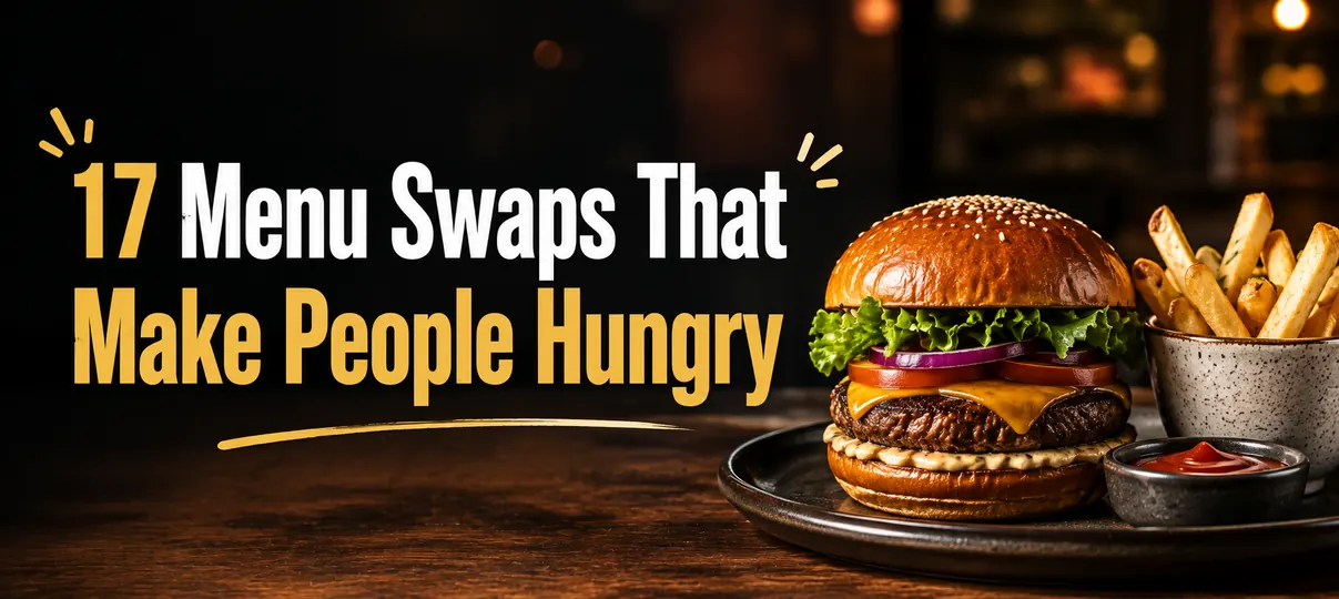 Gourmet cheeseburger with melted cheese, lettuce, tomato, french fries, and ketchup on a rustic wooden table, with headline text 17 Menu Swaps That Make People Hungry.