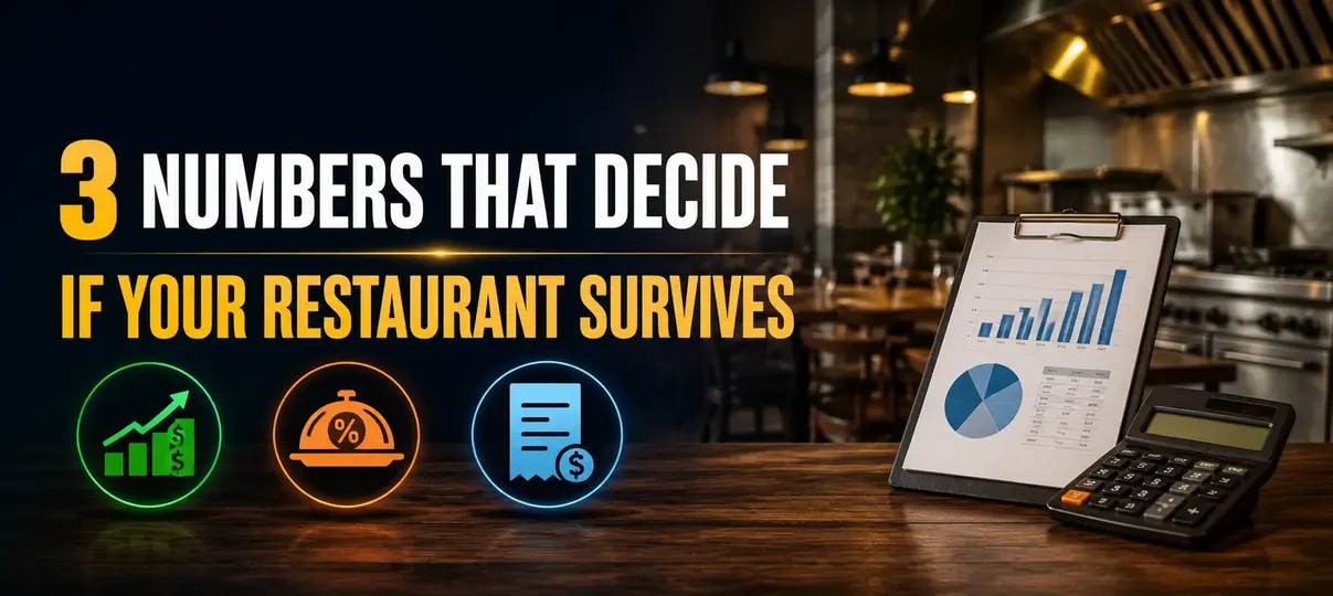 Blog banner titled 3 Numbers That Decide If Your Restaurant Survives, with glowing icons for profit, food cost, and expenses beside a clipboard with charts and a calculator on a restaurant table.